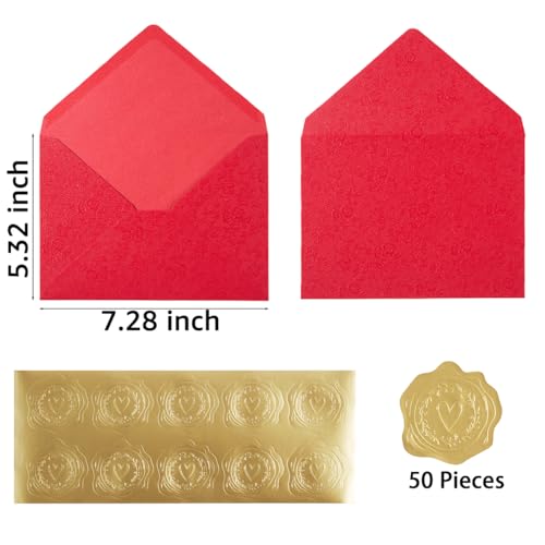 50 Pieces A7 Envelopes 5x7 with Gold Stickers, Rose, Red | Vines Flower Texture Pattern, V Flap Luxury Mailing for Invitations, Wedding, Graduation, Baby Shower - color: Red