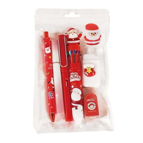 7 Pcs Cute Xmas Stationery Set Kawaii Christmas School Supplies Office Supplies Including Ballpoint Pens Pencil Sharpener Highlighter Correction Tape Eraser (X-mas(Red)) - color: X-mas(red)
