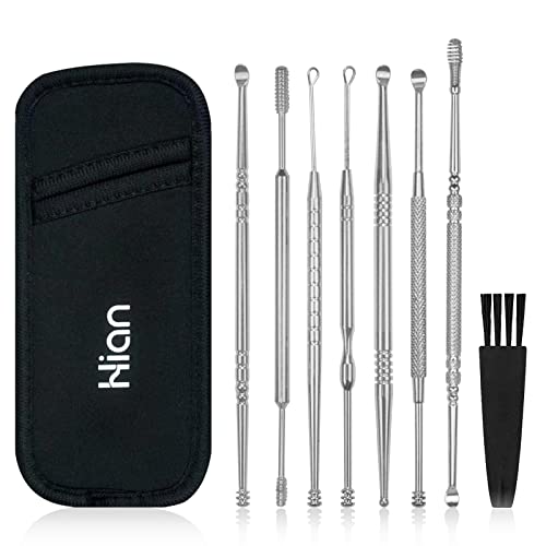 Hion 8 Pcs Ear Wax Removal Kit,Professional Double-Headed Ear Pick Earwax Removal Tools,316L Stainless Steel Ear Cleaner Curette with Cleaning Brush and Storage Box,Suit for Kid Adult(Silver) - color: Silver, size: Portable Pouch