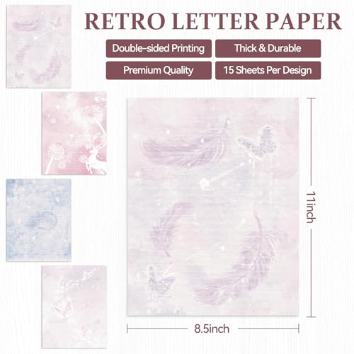 60 Writing Stationery Paper, Lined Stationery Paper for Writing Letter, Double Sided Vintage Letter Paper with Lines,100 GSM, 8.5x11 Inch, 4 Unique Design (Dreamy Pattern) - style: Dreamy Pattern