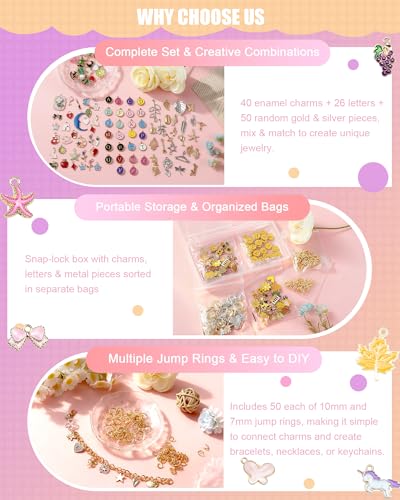 FIVEIZERO 216PCS Charms for Jewelry Making, Enamel Blacelet Charms Kit - color: Pink