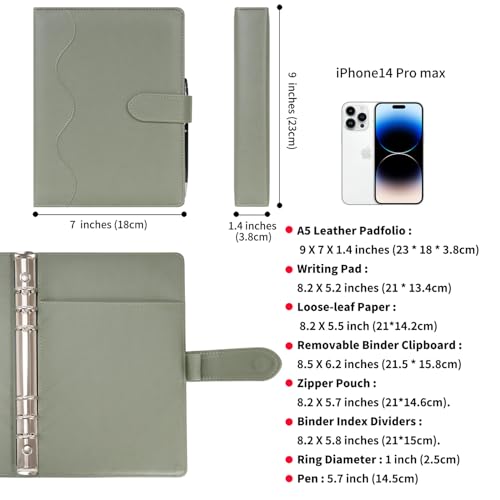 WASON A5 Binder PU Leather Journal Ring Portfolio Lined Notebook Refillable Paper Diary with Removable Clipboard Writing Notepad for Travel Business School Agenda Organizer (Green) - color: Green