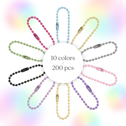 200 PCS Colorful Ball Chain, 2.4mm 4 Inch Mixed Color Bead Chains for Keychains, Dog Tags, Jewelry Making, Hanging Crafts, Bulk DIY Supplies with Storage Box