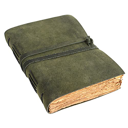 KomalC Vintage Leather Journal for women and men 8 x 6 inch Antique Handmade Deckle Edge Vintage Paper Leather Sketchbook - Book of Shadows Journal (Green) - color: Green
