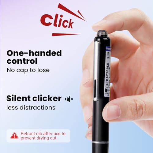 WRITECH Retractable Fountain Pen Set: Fine Nib Black Ink Pens Includes 5 Ink Cartridges Smooth Writing for Sketching Journaling Calligraphy Gift (Black) - color: Black Pen