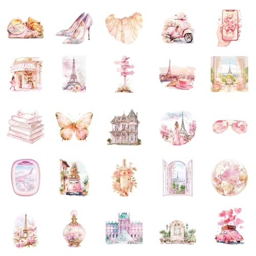 50 Pcs Pink Paris Aesthetic Stickers for Gril, Watercolor French Travel Stickers, Cute Parisian Vinyl Decals for Laptop, Water Bottle, Journal, Scrapbooking, Paris Lovers Gifts - color: Paris