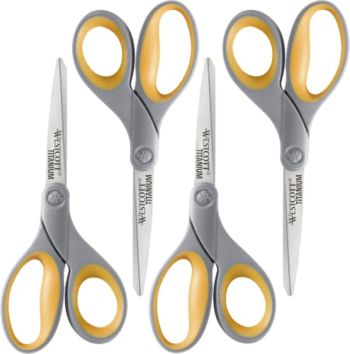 Westcott 8-Inch Titanium Bonded Scissors for Home, Office, and Classroom - Perfect for Cutting Paper, Sewing, and Crafts - Heavy-Duty Design with Soft Handle - Gray/Yellow (Pack of 48) - size: 48-Pack