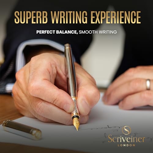 Scriveiner Silver Chrome Fountain Pen - Stunning Luxury Pen, Real Gold Finish, Schmidt Gilded Nib (Broad), Best Gift Set for Men & Women, Professional, Executive Office, Nice Designer Pens - color: 10. Silver Chrome with Gold, style: Broad Nib
