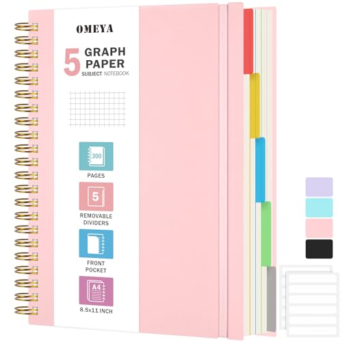 Graph Paper Notebook 8.5" X 11": 5 Subject Graphing Notebook with Dividers - color: Pink