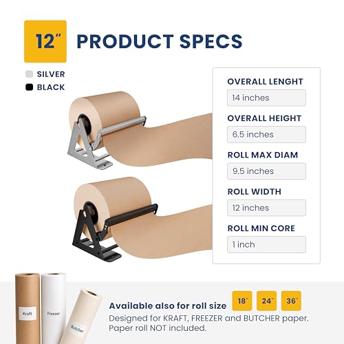 DIY CREW 12 Inch Paper Roll Dispenser and Cutter for Kraft, Butcher Paper | Tabletop, Wall Mount, Heavy Duty, Holds 1000ft Rolls - Roll Not Included - color: Matte Black, size: 12"