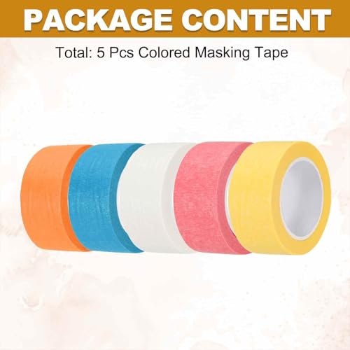 HARFINGTON 5pcs 1" x 11 Yard Colored Masking Tape Universal Crepe Paper Colorful Masking Painter Tape for Art Drawing DIY Handcraft Sealing, Blue Pink Purple Yellow White - color: Blue Pink Purple Yellow White, size: 1" x 11 Yard