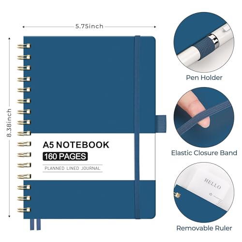 AHGXG Spiral Journal Notebook, 160 Lined Pages, A5 Size (5.7'' x 8.3'') - color: Navy Blue
