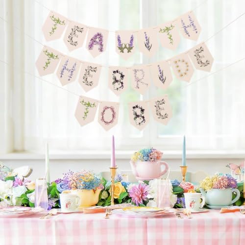 Tea with the Bride to Be Banner - Botanical Flower Alphabet Bridal Shower Decorations, tercolor Floral Tea Party Garland, Garden Wedding Bunting, Engagement Party Dessert Table Backdrop Props (Tea with the Bride to Be) - color: Tea with the Bride to Be
