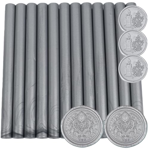 12 Pcs Glue Gun Wax Seal Sticks for Seal Stamp, Vintage Sealing Wax Sticks Set Suit to 0.43'' Glue Gun Great for Wedding Invitation, Cards, Envelopes, Christmas Ideas (Silver) - color: Silver