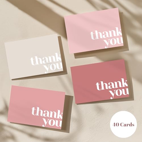 Paper Play Thank You Cards Bulk Pack of 40 Pink, 5x3.5 Inches with Matching Stickers & Envelopes, Minimalistic Design Suitable for Business, Baby Shower, Wedding, Small Business, Graduation, Funeral - color: Pink