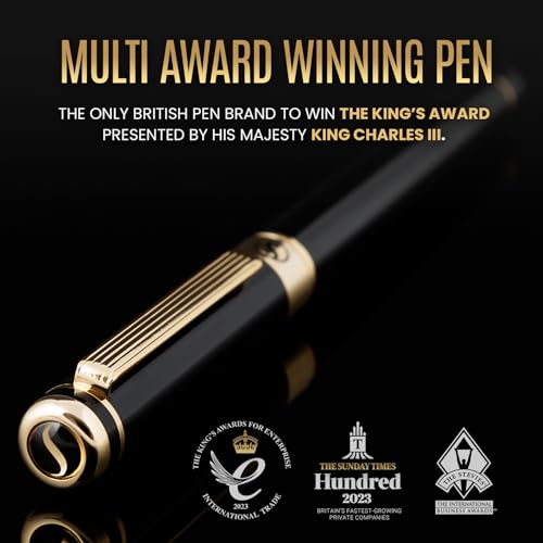 Scriveiner Luxury Fountain Pen - Stunning Black Lacquer Pen, Real Gold Finish, Schmidt Gilded Nib (Medium), Converter, Best Pen Gift Set for Men & Women, Professional, Executive, Office, Nice Pens - color: 1. Black with Gold, style: Medium Nib