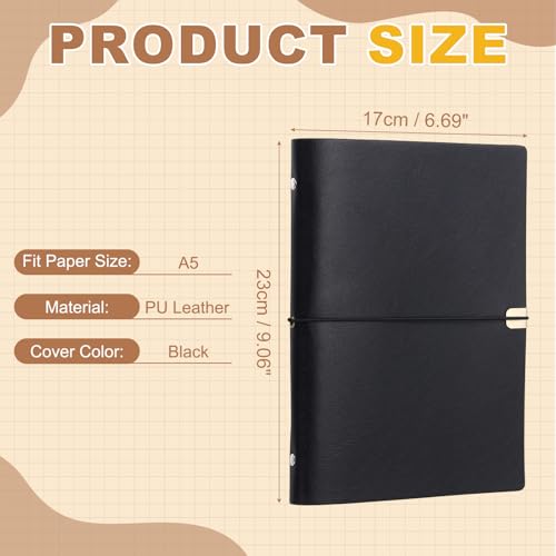 PATIKIL A5 Leather Binder Journal Cover, 6 Ring Refillable Binder Loose Leaf Notebook Protector with Elastic Closure No Paper for Work Meeting Notebook Folder, Black - color: Black, size: A5
