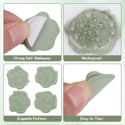 60 Pcs Wax Seal Stickers, Sage Green, 4 Flower Styles - color: 4 Flower Styles- Sage Green