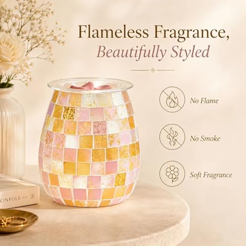Dicimi Pink Wax Warmer for Scented Wax, Mosaic Glass Wax Melt Warmer with Gold Leaf, Electric Wax Burner with Removable Tray, Flameless Night Light Aromatherapy Gift for Women - color: Platinum Cube