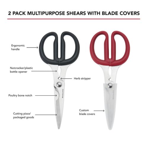 KitchenAid 2-Piece Multipurpose Shear Set – Versatile Scissors with Nutcracker, Bottle Opener, Ergonomic Handles with Protective Blade Covers - color: Red/Black, size: 2 Pack