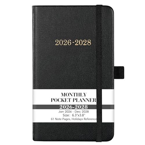 Pocket Planner/Calendar 2026-2028 - 3 Year Monthly Planner 2026-2028, Jan. 2026 - Dec. 2028(36 Months), 6.2" x 3.8", Pocket Planner with 60 Note Pages, Pen Holder, Back Pocket - Black