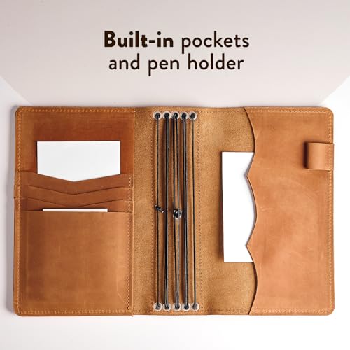 Leather Journal Cover for Regular 4.5" x 8.5" Notebook, Refillable Leather Notebook Case with 5 Elastic Bands, Pen Holder & Pockets, Travel Journal Organizer (Paper Not Included), Caramel Brown - size: Regular