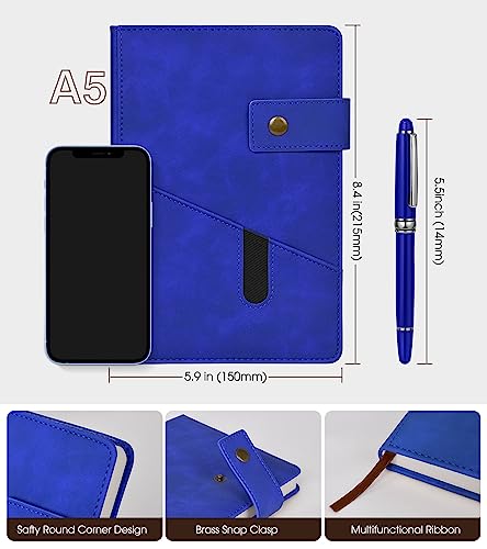 vfaejll Lined Notebook with Pen, 5.9"x8.4" A5 Hardcover Leather Journal Set - color: Dark Blue