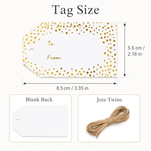 G2PLUS Gold Foil Gift Tags - 50 Pcs White Paper to and from Gift Name Tags with String for Present Wrapping, Wedding, Baby Shower, Christmas Party Favors - style: to from-Gold Dots