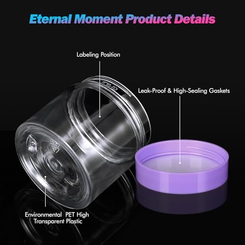 Eternal Moment 50 Pack 2 OZ Plastic Jars Clear Cosmetic Container with Lids | Round Makeup Jar for Lotion, Cream, Ointments, Eye Shadow, Rhinestone, Samples, DIY Travel Storage ( Purple Lid ） - color: Purple Lid, size: 2 Ounce