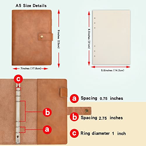 WONDERPOOL Leather Journal Refillable Notebook Spiral Diary Binder Portfolio - A5 Dotted Paper & Inner Pockets for Travel Work and Personal Organizer (Brown, A5) - color: Brown, size: A5