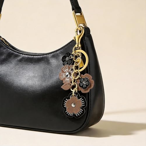Angyape Flower Bag Charms for Women Purse Charms for Handbags Leather Flower Keychain Retro Aesthetic Keychain Accessories - color: B：black