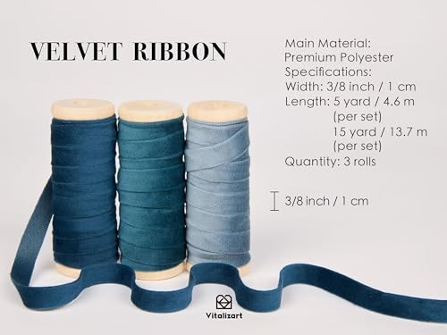 Vitalizart Blue Velvet Ribbon 3/8" x 15 Yds Christmas Gift Wrapping - color: Blue Series