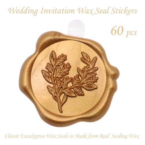 60pcs Eucalyptus Wax Seal Stickers, Andotopee Botanical Envelope Seal Stickers, Self-Adhesive Antique Gold Wedding Invitation Stickers, Real Sealing Wax Pre-Made, Great for Letter Seal, Gift Wrapping - color: Antique Gold
