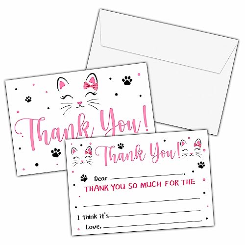 Cute Cat Thank You Cards, Cat and Kitten Fill In The Blank Thank You Card, Kitty Thank You Notes for Girls Boys, Birthday Party Favors Supplies (20 Set of Cards with Envelopes) - B03 - color: Kitten