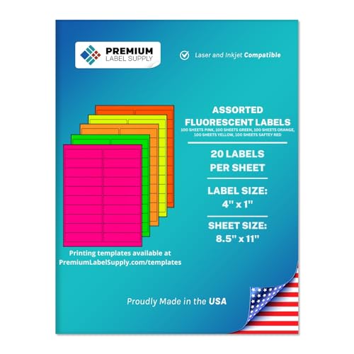 Premium Label Supply Bright Neon Color Fluorescent Sticker Labels - 4" x 1" Address Labels - (Assorted Fluorescent, 10,000 Labels) - color: Assorted Fluorescent, size: 10000 Labels