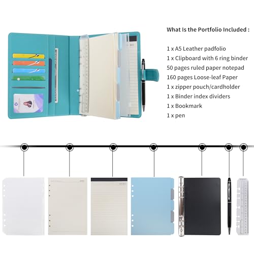 WASON A5 Binder PU Leather Journal Ring Portfolio Lined Notebook Refillable Paper Diary with Removable Clipboard Writing Notepad for Travel Business School Agenda Organizer (Cyan) - color: Cyan