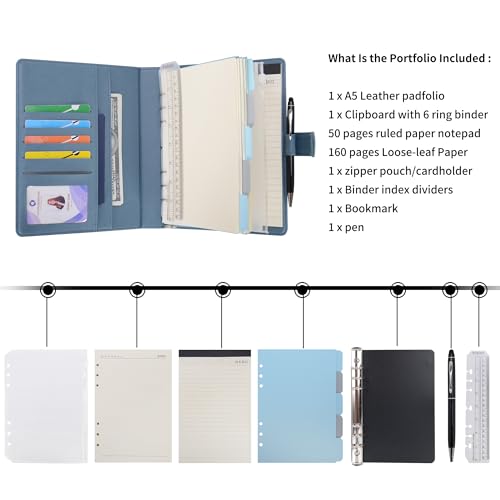 WASON A5 Binder PU Leather Journal Ring Portfolio Lined Notebook Refillable Paper Diary with Removable Clipboard Writing Notepad for Travel Business School Agenda Organizer (Mist Blue) - color: Mist Blue