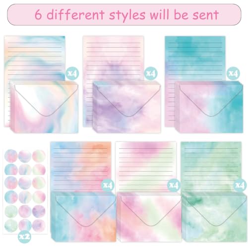 50 Pcs Stationery Paper Envelopes Set (6Style) | Includes 24 Lined Writing Paper & 24 Envelopes with 24 Stickers, Cute Watercolor Letter Writing Stationery Paper Envelopes - color: Watercolor