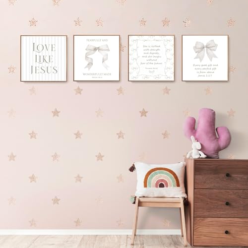 LARTSFRO Coquette Beige Bow Jesus Wall Art Decor Posters, Beige Bow Christian Room Bedroom Bathroom Wall Art Decor Aesthetic for Teen Girls Gifts, Inspirational Bible Verses Bow Wall Decor, 10x10 Inch Set of 4 Bow Pictures (UNFRAMED) - color: beige bow, s