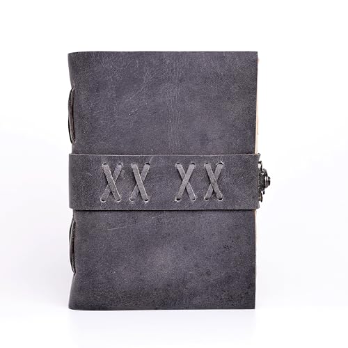 Leather Bound Vintage Journal for Women & Men – Book of Shadows – Lock Closure – 200 Pages of Antique Deckle Edges Handmade Paper (Ash Grey, 6 x 4 inches) - color: Ash Grey, size: 6 x 4 inches