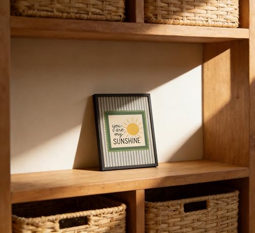 Framed 'You Are My Sunshine' Quote Wall Art, Vintage Sun Blue Stripe with Green Accent Canvas Print, Warm Nursery Decor for Living Room Bedroom Nursery Playroom - color: Floral-7, size: 16"L x 12"W