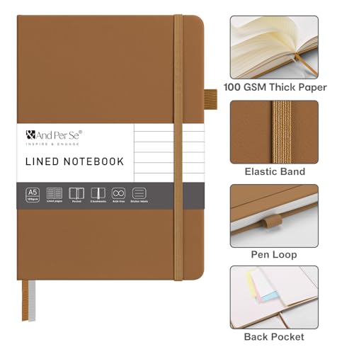 &And Per Se Lined Journal Notebook – A5 5.7”x8” College Ruled, 160 Pages, 100gsm Thick Paper, Journaling Notebooks for Writing (Light Brown) - color: Light Brown, style: Lined 160 pages