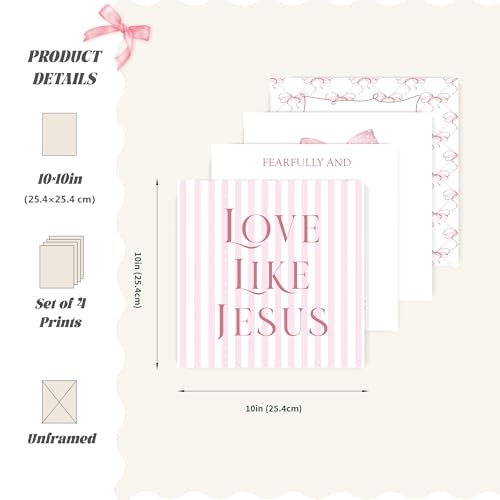 LARTSFRO Coquette Pink Bow Jesus Wall Art Decor Posters, Light Pink Bow Christian Room Bedroom Bathroom Dorm Wall Art Decor Aesthetic for Teen Girls College Gifts, Inspirational Bible Verses Bow Wall Decor, 10x10 Inch Set of 4 Bow Pictures (UNFRAMED) - co