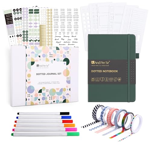 &And Per Se Dotted Journal Kit, A5 Hardcover Dot Grid Journal Notebook Set for Beginners with Journaling Supplies Stencils, Stickers, Washi Tapes & Colored Pens Accessories (Green) - color: Green, size: 176-Dotted Journal Kit