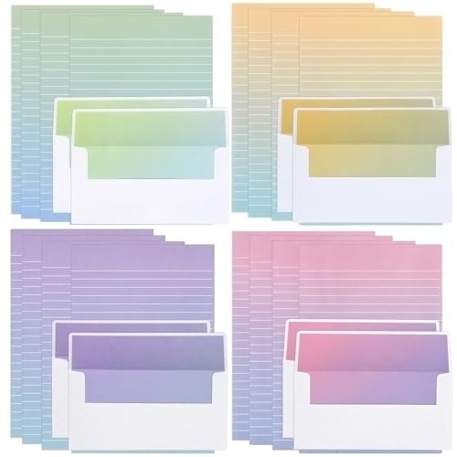 KSIWRE Watercolor Stationery Set with Envelopes, 16 Lined Paper Sheets + 8 Envelopes, Gradient Colors Stationery Paper for Writing Letter Poems Invitations Best Wishes