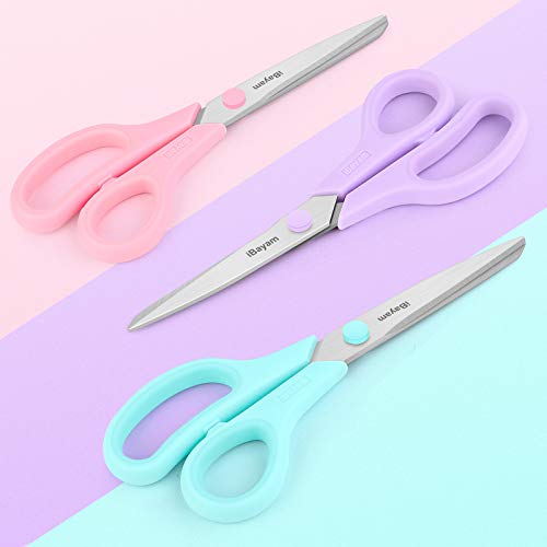 iBayam 8.5" Scissors All Purpose, 2.5mm Sharp Blade, 3 Cute School Office | Soft Comfort-grip, Left/Right Handed, Cuts Cardboard, Fabric, Vinyl & Leather for Office, Classroom, School & Craft Desk - color: Pastel Pink, Soft Purple, Macaron Blue, size: 3-P