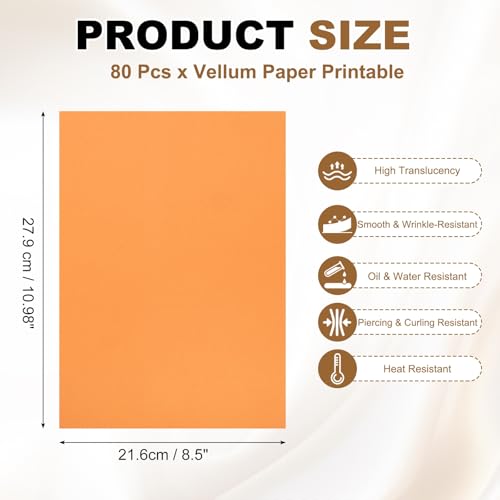 PATIKIL 80Pcs 11"x8.5" Vellum Tracing Paper for Drawing 100g Orange | Printable Vellum Paper Sheets Jackets Tracing Transparent for Invitations Belly Bands Envelope Gift Drawing Sketching - color: Orange, size: 11" x 8.5"