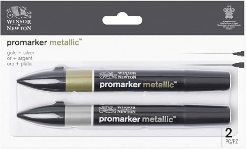 Winsor & Newton Promarker Metallic, Set of 2, Gold and Silver | Twin-tipped, Broad chisel nib for broad strokes & shading, Fine bullet tip for precision, Alcohol-Based Ink - color: Metallic, style: Set of 2