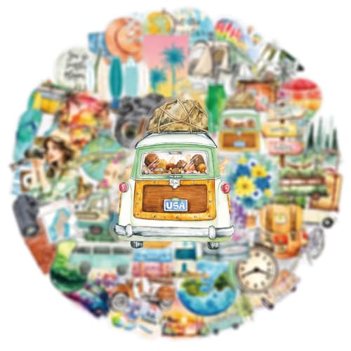 50Pcs Transparent Watercolor Travel Stickers Pack, Waterproof PET Adventure Decals for Water Bottle Laptop Suitcase Skateboard Scrapbook Journal, Colorful DIY Craft Gifts for Kids Teens Girls - color: Transparent Watercolor Travel-2
