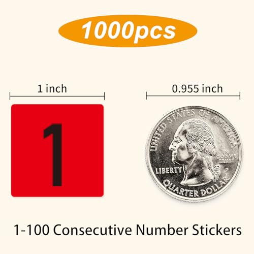 1" Number Stickers Labels, Square Colored Consecutive Number Stickers 1-100, Vinyl Numbered Sticker, Waterproof/Self-Adhesive Residue-Free, Use for Inventory, Storage, Organizing, Boxes- 1000PCS - color: Multicolored, size: 1 inch